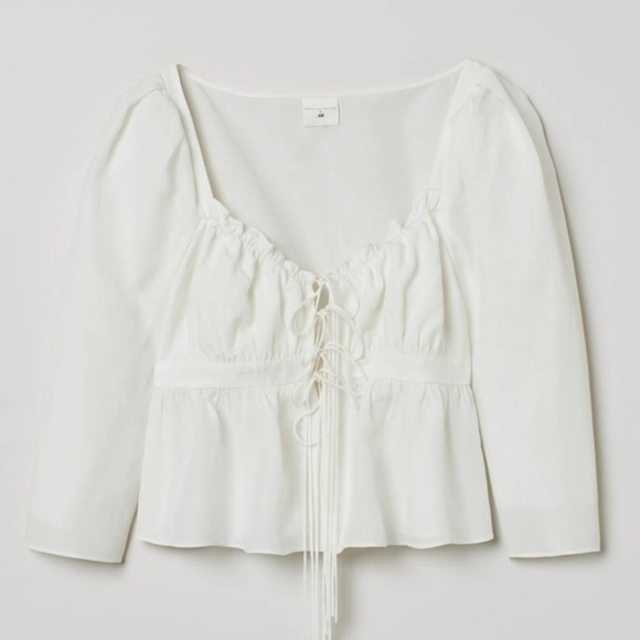 H&M x Brock Collection Lyocell-blend Blouse Front Ties Cottagecore White Medium - Picture 4 of 12